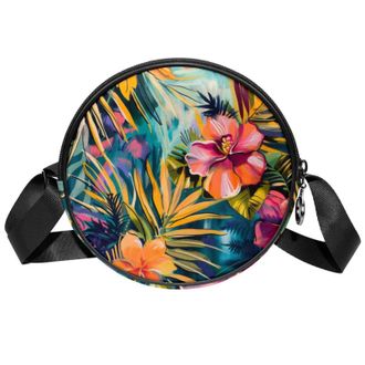 Generic Circle Crossbody Bag for Women, Tropical Plants Small Sling Bag Daypack with Zipper Adjustable Shoulder Straps Casual Ladies Girls Round Purse