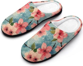 Generic Cherry Watercolor Blossoming Mens House Slippers Memory Foam Washable Cotton Slip on Home Shoes