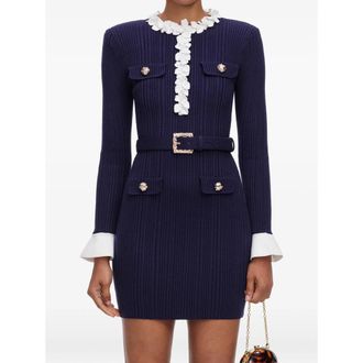 Self Portrait Navy Flower Rib Knit Mini Dress