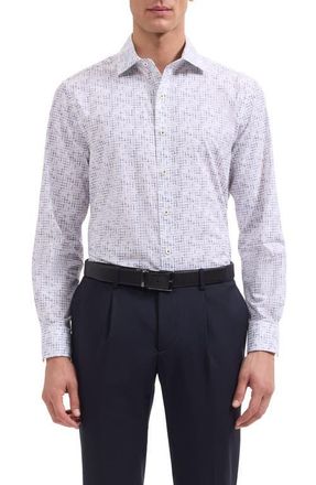 Bugatchi Axel Shaped Fit Crosshatch Print Cotton Button-Up Shirt in Navy at Nordstrom, Size Xxx-Large