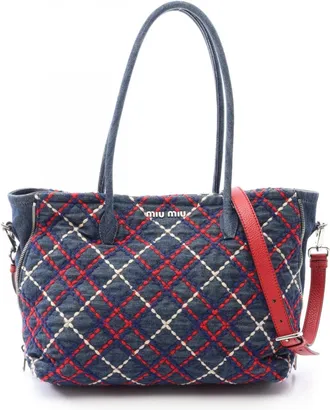 Miu Miu Multi-Color Navy Red Color Denim Handbag Tote Bag (Pre-Owned)