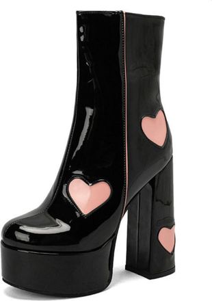 Generic Womens Chunky Heel Shiny Ankle Boots Patent Leather Platform Heart Printed Booties for Party,Black,6.5 UK