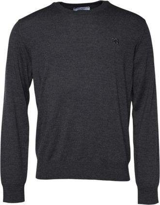 Dolce & Gabbana Grijze Wol Logo Gebreide Heren Trui - Heren - Ronde hals truien - Grijs - XL - Wol - Truien & Vesten