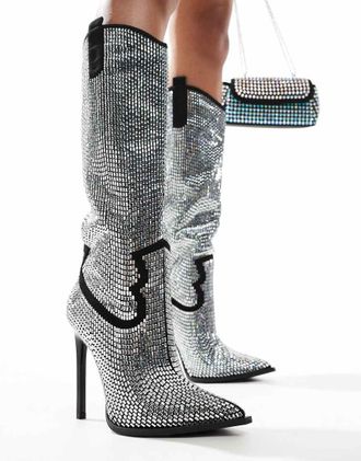 Azalea Wang Azalea Wang - Heidemarie - Stivali al ginocchio neri e argento decorati stile western