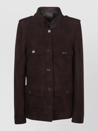 Prada shearling coat epaulettes stand collar pockets