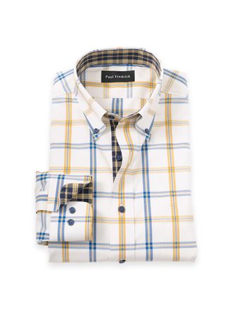 Paul Fredrick Comfort Stretch Non-iron Windowpane Dress Shirt With Contrast Trim