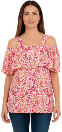 Jessica London Stretch Knit Cold Shoulder Ruffle Tunic in Pink Burst Feather at Nordstrom, Size 32