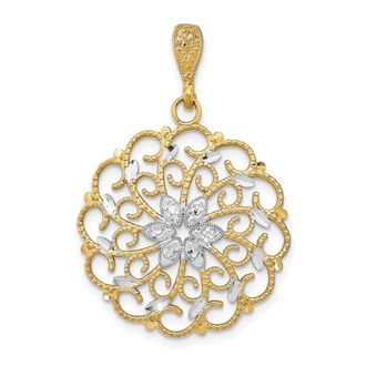 Diamond2Deal 14k Yellow Gold and White Rhodium Diamond-cut Scalloped Wave Charm Pendant