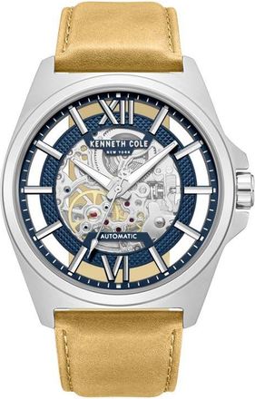Kenneth Cole Skeleton Automatic Tan Leather Strap Watch, 44mm at Nordstrom