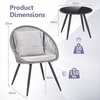Costway Costway 3 Piece Patio Furniture Set Woven Rope Balcony Chair w/ Seat & Back Cushions