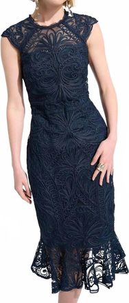 Joseph Ribkoff Guipure Soutache Trumpet Dress With Ruffle Hem In Midnight Blue