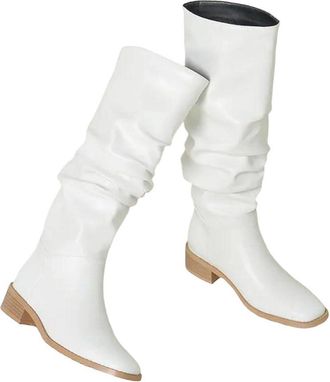 Generic Womens Knee High Boots Pleated Design Belt Buckle Chunky Heel Casual Style