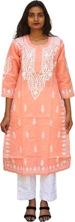 Generic Chikankari Cotton Kurta Women, Kashmiri Pan Embroidery Dress for Adult Girls,Readymade Summer Kameez,Eid Festival Wear Long Top (UK, Alpha, 3XL, Regul