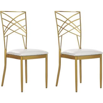 Beliani Conjunto De 2 Sillas De Comedor Metal Asiento De Piel Sint&eacute;tica Blanco Dorado Girard