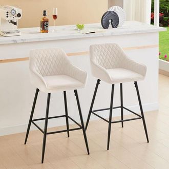Ainpecca Ainpecca - Set of 2 Velvet Barstools Fabric Upholstered seat with Backrest & Armrest Black Metal Legs Kitchen Breakfast Counter Chairs (Beige velvet