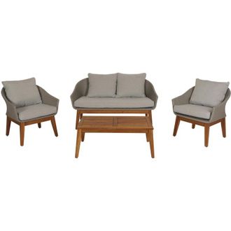 Hhg Set salotto giardino esterno salottino 222 intreccio polyrattan acciaio legno di acacia grigio cuscini grigio chiaro