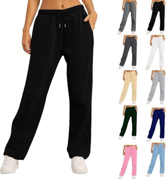 Generic Joggers for Women UK,Womens Casual Joggers Sweatpants Solid Color Drawstring High Waist Wide Leg Pants with Pockets,Black,XXL