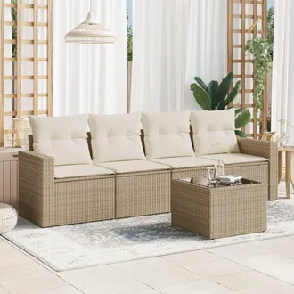 vidaXL Juego De Sof&aacute;s Jard&iacute;n Con Cojines 5 Pzas Rat&aacute;n Sint&eacute;tico Beige Vidaxl