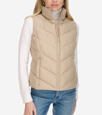 Cole Haan Womens Chevron Zip Front Vest - Beige Size Medium