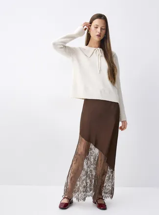 Twik Womens Lace trim satiny maxi skirt