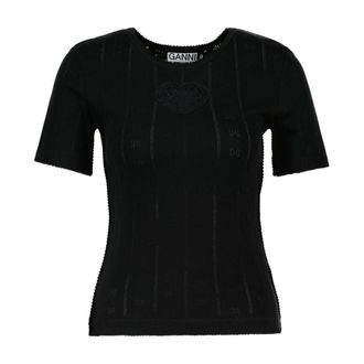 Ganni Womens Compact Pointelle Rib T-Shirt Black Cotton