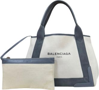 Balenciaga Gray White Canvas Leather Tote Bag (Pre-Owned)