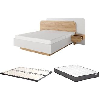 Vente-Unique Letto con comodini 160 x 200 cm Con LED Naturale e Bianco + Rete a doghe + Materasso - DESADO