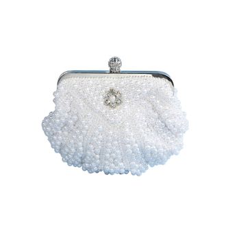 Generic Shell Bag Luxury Wedding Pearl Purse Shell Evening Handbag, Women Bag Cascading Beaded Rhinestone Fancy Clutch(DS1089white)