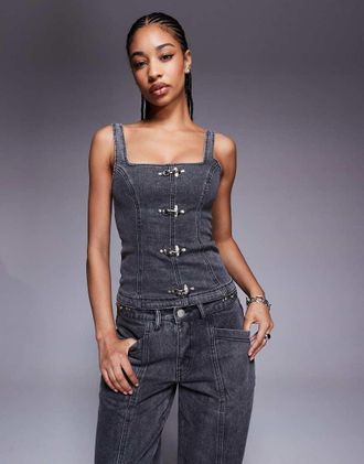 Liquor & Poker Corsetto in denim nero slavato con fibbie in coordinato