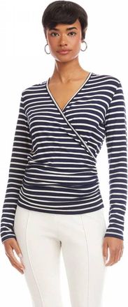 Karen Kane Long Sleeve Stripe Side-Shirred Crossover Top In Navy