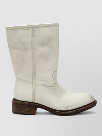 Prada block heel mid calf length round toe boots