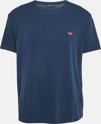 Emporio Armani Navy Blue Logo Printed Cotton Crew Neck T-Shirt
