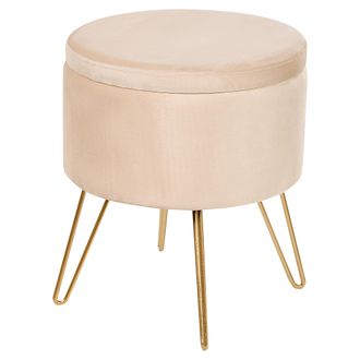 Beliani Puf Con Espacio De Almacenaje Otomana Tapizado En Terciopelo Patas De Metal Doradas 42 X 42 X 44 Cm Beige Claro Silas