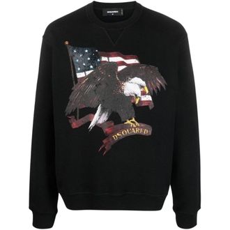 Dsquared2 Mens American Eagle Motif Black Crew Neck Jumper Cotton - Size Medium