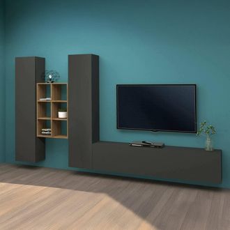 Dmora Pared Equipada Dcola, Conjunto De Sal&oacute;n Mueble De Tv Con 3 Puertas, Mueble De Sal&oacute;n Polivalente, 100% Made In Italy, Cm 320x30h180, Antracita Y Arce -