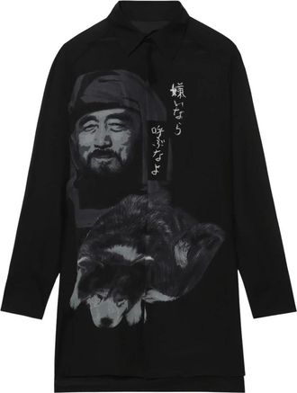 Yohji Yamamoto Shirts, female, Black, L, Silk Graphic Print Oversized Shirt