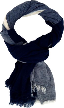 Ella Jonte Mens Scarf Blue White Cotton Lightweight Scarf Block Stripes, blue, One Size