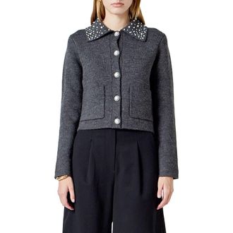 endless rose Embellished Collar Cardigan in Dark Grey at Nordstrom, Size Medium