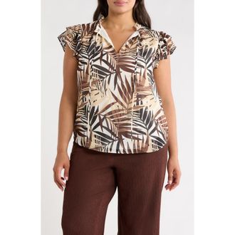 Anne Klein Ruffle Tie Neck Top in White Dove Multi at Nordstrom, Size 1X