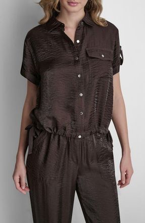 DKNY Twinkle Crinkle Roll Tab Cuff Button-Up Shirt in Tobacco at Nordstrom, Size X-Small