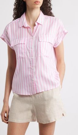 Beach Lunch Lounge Kaiana Stripe Short Sleeve Button-Up Shirt in Pink Flamingo at Nordstrom, Size X-Large