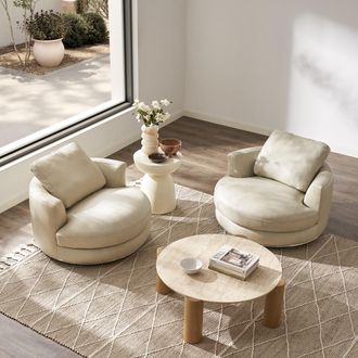 Castlery Beige Top Grain Leather Round Swivel Armchair, Set of 2 | Hamilton by Castlery, Modern 360&deg; Swivel Base, White