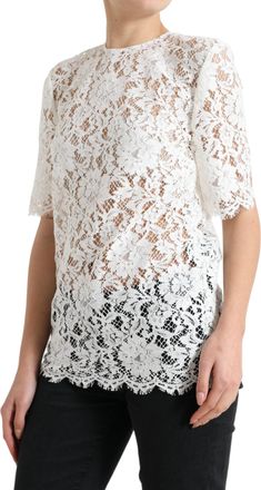 Dolce & Gabbana Womens White Floral Lace Cotton Round Neck Blouse Top Viscose Nylon