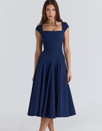 House of CB Raisa - Vestito midi in twill blu navy con retro in pizzo