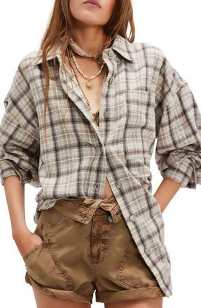 Free People Ashley Oversize Plaid Cotton Button-Up Shirt in Ivory Combo - Krista at Nordstrom, Size X-Small