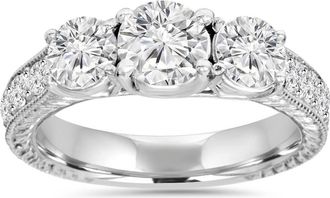 Pompeii3 1 3/4ct Diamond Vintage 3-Stone Engagement Ring 14K White Gold Antique Size Selectable