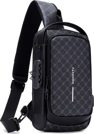 Generic Anti-Theft Sling Bag for Men - Crossbody Casual Bag with USB Charging Port, Combination Lock, Waterproof PU Leather, Black-circle, 35l