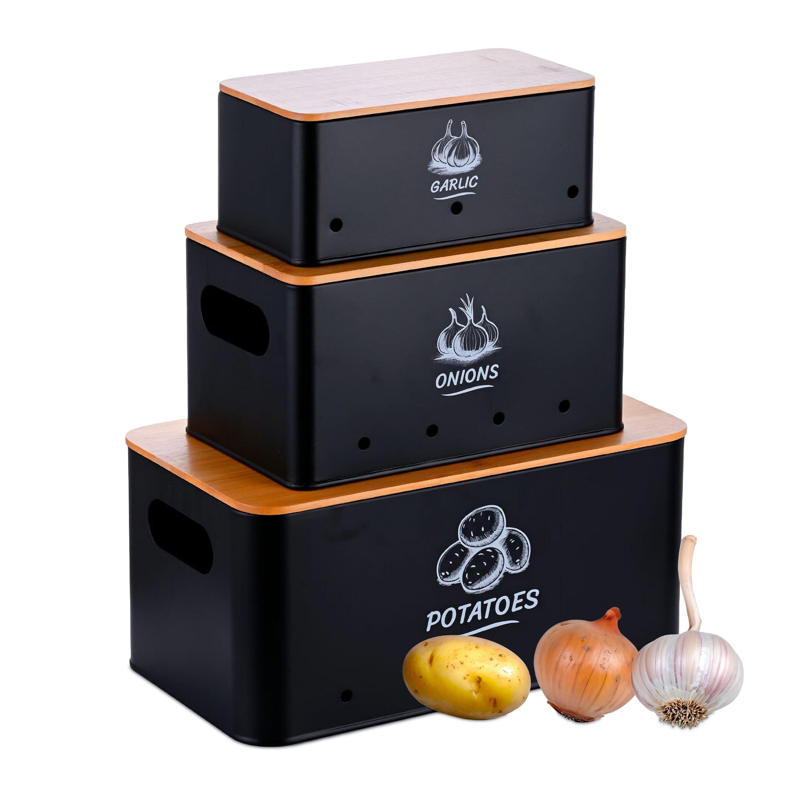 Relaxdays Aufbewahrungsbox 3er Set, Kartoffeln Zwiebeln Knoblauch, Gemüsebox Deckel, Vorratsdose Küche, Metall, schwarz ab 29,99 €