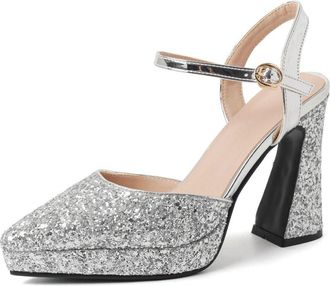 Generic Womens Pointed Toe Glitter Bridal Shoes Chunky High Heel Platform Pumps Ankle Strap Wedding Party Prom Sandals,Silver,6.5 UK