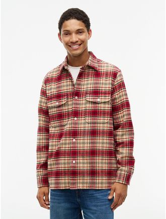 Tommy Hilfiger Mens Classic Fit Plaid Flannel Overshirt - Medium Red/Light Tan Check - XL
